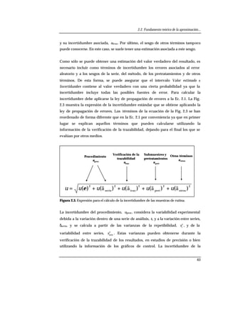 2.2. Fundamento teórico de la aproximación...
63
y su incertidumbre asociada, utraz. Por último, el sesgo de otros términos tampoco
puede conocerse. En este caso, se suele tener una estimación asociada a este sesgo.
Como sólo se puede obtener una estimación del valor verdadero del resultado, es
necesario incluir como términos de incertidumbre los errores asociados al error
aleatorio y a los sesgos de la serie, del método, de los pretratamientos y de otros
términos. De esta forma, se puede asegurar que el intervalo Valor estimado ±
Incertidumbre contiene al valor verdadero con una cierta probabilidad ya que la
incertidumbre incluye todas las posibles fuentes de error. Para calcular la
incertidumbre debe aplicarse la ley de propagación de errores a la Ec. 2.1. La Fig.
2.3 muestra la expresión de la incertidumbre estándar que se obtiene aplicando la
ley de propagación de errores. Los términos de la ecuación de la Fig. 2.3 se han
reordenado de forma diferente que en la Ec. 2.1 por conveniencia ya que en primer
lugar se explican aquellos términos que pueden calcularse utilizando la
información de la verificación de la trazabilidad, dejando para el final los que se
evalúan por otros medios.
2
otros
2
pret
2
traz
2
serie
2
)()()()()( ääää uuuuuu ++++= ε
Procedimiento
uproc
Verificación de la
trazabilidad
utraz
Submuestreo y
pretratamientos
upret
Otros términos
uotros
Figura 2.3. Expresión para el cálculo de la incertidumbre de las muestras de rutina.
La incertidumbre del procedimiento, uproc, considera la variabilidad experimental
debida a la variación dentro de una serie de análisis, ε, y a la variación entre series,
δserie, y se calcula a partir de las varianzas de la repetibilidad, 2
r
s , y de la
variabilidad entre series, 2
serie
s . Estas varianzas pueden obtenerse durante la
verificación de la trazabilidad de los resultados, en estudios de precisión o bien
utilizando la información de los gráficos de control. La incertidumbre de la
 