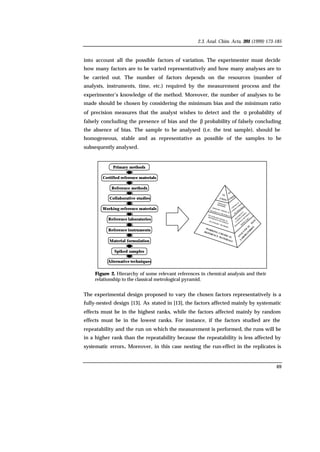 2.3. Anal. Chim. Acta, 391 (1999) 173-185
69
into account all the possible factors of variation. The experimenter must decide
how many factors are to be varied representatively and how many analyses are to
be carried out. The number of factors depends on the resources (number of
analysts, instruments, time, etc.) required by the measurement process and the
experimenter’s knowledge of the method. Moreover, the number of analyses to be
made should be chosen by considering the minimum bias and the minimum ratio
of precision measures that the analyst wishes to detect and the α probability of
falsely concluding the presence of bias and the β probability of falsely concluding
the absence of bias. The sample to be analysed (i.e. the test sample), should be
homogeneous, stable and as representative as possible of the samples to be
subsequently analysed.
Primary methods
Certified reference materials
Reference methods
Collaborative studies
Working reference materials
Reference laboratories
Reference instruments
Material formulation
Spiked samples
Alternative techniques
SI
UNITS
SI
UNITS
WORKING CHEMICAL
REFERENCE MATERIALS
A
N
A
LY
TIC
A
L
TEST
LA
BO
R
A
TO
R
IES
R
E
FE
R
E
N
C
E
LA
BO
R
A
TO
R
IES
R
EFER
EN
C
E
M
ETER
IA
L
PR
O
D
U
C
ER
S
SECONDARYCHEMICAL
REFERENCE MATERIALS
SECONDARY METHODS
PRIMARYMETHODS
PRIMARY CHEMICAL
REFERENCE METERIALS
CH
EM
ICAL
M
ETR
O
LO
G
Y
LA
BO
R
A
TO
R
IES
Figure 2. Hierarchy of some relevant references in chemical analysis and their
relationship to the classical metrological pyramid.
The experimental design proposed to vary the chosen factors representatively is a
fully-nested design [13]. As stated in [13], the factors affected mainly by systematic
effects must be in the highest ranks, while the factors affected mainly by random
effects must be in the lowest ranks. For instance, if the factors studied are the
repeatability and the run on which the measurement is performed, the runs will be
in a higher rank than the repeatability because the repeatability is less affected by
systematic errors. Moreover, in this case nesting the run-effect in the replicates is
 