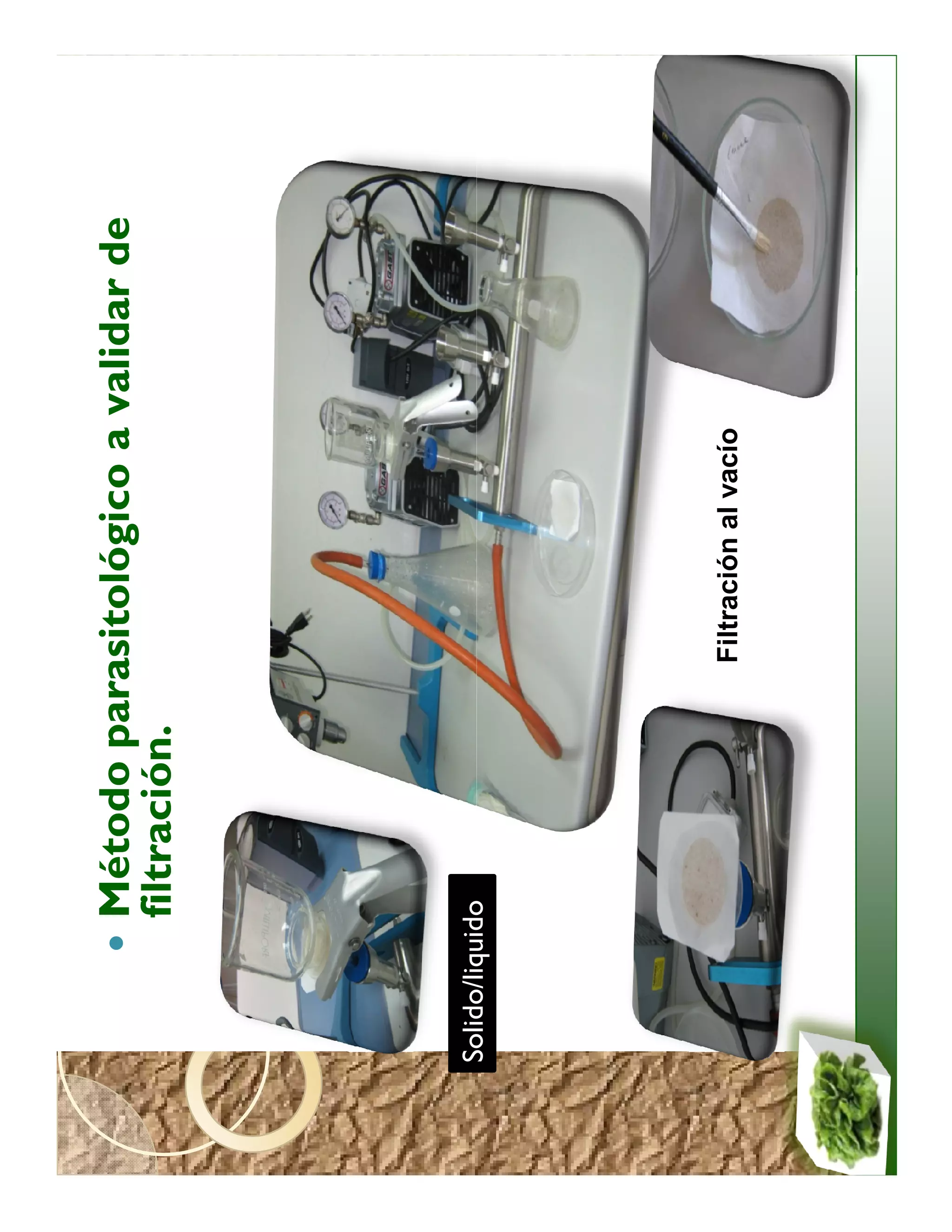 Método parasitológico a validar de
            filtración.




Solido/liquido




                        Filtración al vacío
 