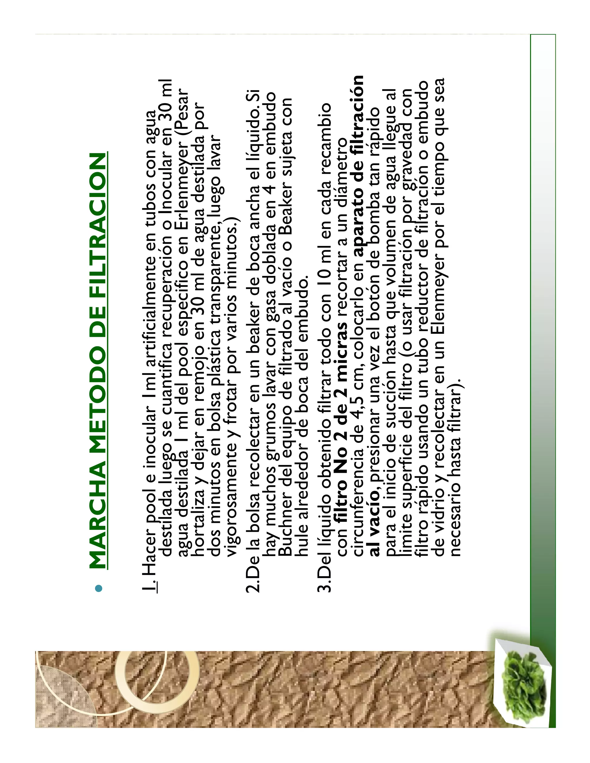 MARCHA METODO DE FILTRACION

1. Hacer pool e inocular 1ml artificialmente en tubos con agua
     destilada luego se cuantifica recuperación o Inocular en 30 ml
     agua destilada 1 ml del pool especifico en Erlenmeyer (Pesar
     hortaliza y dejar en remojo en 30 ml de agua destilada por
     dos minutos en bolsa plástica transparente, luego lavar
     vigorosamente y frotar por varios minutos.)
2.De la bolsa recolectar en un beaker de boca ancha el líquido. Si
     hay muchos grumos lavar con gasa doblada en 4 en embudo
     Buchner del equipo de filtrado al vacío o Beaker sujeta con
     hule alrededor de boca del embudo.
3.Del líquido obtenido filtrar todo con 10 ml en cada recambio
     con filtro No 2 de 2 micras recortar a un diámetro
     circunferencia de 4,5 cm, colocarlo en aparato de filtración
     al vacío, presionar una vez el botón de bomba tan rápido
     para el inicio de succión hasta que volumen de agua llegue al
     limite superficie del filtro (o usar filtración por gravedad con
     filtro rápido usando un tubo reductor de filtración o embudo
     de vidrio y recolectar en un Elenmeyer por el tiempo que sea
     necesario hasta filtrar).
 