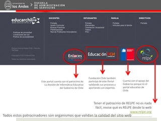Este portal cuenta con el patrocinio de
La división de Informática Educativa
del Gobierno de Chile
Fundación Chile también
participa de este Portal
validando sus procesos y
aportando con expertos.
Cuenta con el apoyo del
Gobierno porque es el
portal educativo de
Chile
Tener el patrocinio de RELPE no es nada
fácil, revise qué es RELPE desde la web
www.relpe.org
Todos estos patrocinadores son organismos que validan la calidad del sitio web
 