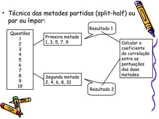 • Técnica das metades partidas (split-half) ou
par ou ímpar:
Questões
1
2
3
4
5
6
7
8
9
19
Primeira metade
1, 3, 5, 7, 9
Segunda metade
2, 4, 6, 8, 10
Resultado 1
Resultado 2
Calcular o
coeficiente
de correlação
entre as
pontuações
das duas
metades.
 