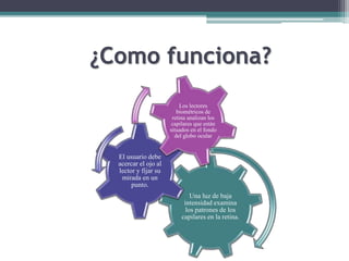 ¿Como funciona?
Una luz de baja
intensidad examina
los patrones de los
capilares en la retina.
El usuario debe
acercar el ojo al
lector y fijar su
mirada en un
punto.
Los lectores
biométricos de
retina analizan los
capilares que están
situados en el fondo
del globo ocular
 