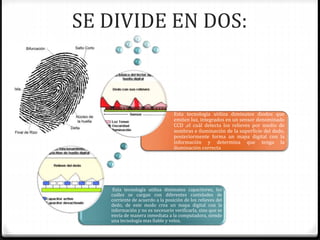 SE DIVIDE EN DOS:
Esta tecnología utiliza diminutos capacitores, los
cuáles se cargan con diferentes cantidades de
corriente de acuerdo a la posición de los relieves del
dedo, de este modo crea un mapa digital con la
información y no es necesario verificarla, sino que se
envía de manera inmediata a la computadora, siendo
una tecnología mas fiable y veloz.
Esta tecnología utiliza diminutos diodos que
emiten luz, integrados en un sensor denominado
CCD ,el cuál detecta los relieves por medio de
sombras e iluminación de la superficie del dedo,
posteriormente forma un mapa digital con la
información y determina que tenga la
iluminación correcta
 