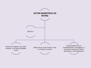 LECTOR BIOMETRICO DE
RETINA
Analiza las capilares que están
situados en el fondo del globo
ocular
Debe acercar el ojo al lector y fijar
su mirada a un punto
Este procedimiento es
inmediatamente para algunos y
hace de los lectores de retina
biométricos mas impopulares
¿QUE ES ?
 