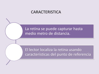 La retina se puede capturar hasta
medio metro de distancia.
El lector localiza la retina usando
características del punto de referencia
CARACTERISTICA
 