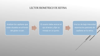 Analizan los capilares que
están situados en el fondo
del globo ocular.
El usuario debe acercar el
ojo al lector y fijar su
mirada en un punto.
Una luz de baja intensidad
examina los patrones de
capilares en la retina.
LECTOR BIOMETRICO DE RETINA
 