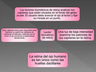 Lector
biométrico
de retina
Los lectores biométricos de retina analizan los
capilares que están situados en el fondo del globo
ocular. El usuario debe acercar el ojo al lector y fijar
su mirada en un punto.
Una luz de baja intensidad
examina los patrones de
los capilares en la retina.
La retina del ojo humano
es tan único como las
huellas dactilares
Este validador tiene gran seguridad pues
falsificar un patrón de capilares es
bastante complicado, además que al
morir el ojo comienza a deteriorarse
rápidamente.
 