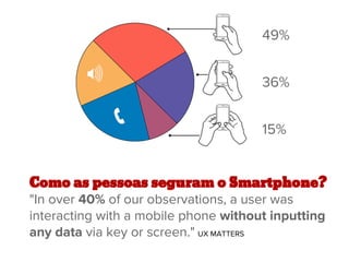 Como as pessoas seguram o Smartphone?
"In over 40% of our observations, a user was
interacting with a mobile phone without inputting
any data via key or screen." UX MATTERS
49%
36%
15%
 
