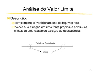 Análise do Valor Limite
Descrição:
ִcomplementa o Particionamento de Equivalência
ִcoloca sua atenção em uma fonte propícia a erros – os
 limites de uma classe ou partição de equivalência



                 Partição de Equivalência



                         Limites




                                                         14
 