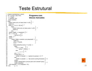 Teste Estrutural
1 program exemplo(input, output);
2 var a: array[1..20] of char;                    Programa com
3 x, i: integer;
4 c, resposta: char;                              blocos marcados
5 achou: boolean;
6 begin
7   writeln (‘entre com um inteiro entre 1 e 20’);         1
8   readln (x);
                                            2
9   while (x < 1) or (x > 20) do
10        begin
11           writeln (‘entre com um inteiro entre 1 e 20’);         3
12           readln (x)
13        end;
14 writeln (‘digite’, x, ‘caracteres’); 4
15 for i := 1 to x do                  5
16                read (a[ i ]); 6
17 readln;         7
18 repeat
19         writeln (‘digite o caracter a ser pesquisado: ‘);
                                                                   8
20             readln (c);
21             achou := FALSE;
22             i := 1;
23             while (not(achou)) and (i <= x) do         9
24                begin
                                                 10
25                    if a[ i ] = c then
26                             achou := TRUE        11
27                    else
                                              12
28                             i := i + 1
29                end;          13
30                if achou then          14
31                     writeln (‘o caracter ’, c, ‘ aparece na posicao’, i) 15
32                else
33                     writeln (‘o caracter ’, c, ‘ não ocorre na string fornecida’);   16
34                writeln;
35                writeln (‘deseja fazer a procura para outro caracter? [s/n]’);
                                                                                        17
36                readln (resposta);
37 until (resposta = ‘n’) or (resposta = ‘N’);
38 end.                 18                                                                   23
 