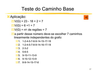 Teste do Caminho Base
Aplicação:
ִV(G) = 23 - 18 + 2 = 7
ִV(G) = 6 +1 = 7
ִV(G) = no. de regiões = 7
ִa partir desse número deve-se escolher 7 caminhos
 linearmente independentes do grafo:
   1.   1-2-4-5-7-8-9-14-15-17-18
   2.   1-2-4-5-7-8-9-14-16-17-18
   3.   2-3-2
   4.   5-6-5
   5.   9-10-11-13-9
   6.   9-10-12-13-9
   7.   8-9-14-15-17-8

                                                     37
 