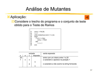 Análise de Mutantes
Aplicação:
ִConsidere o trecho do programa e o conjunto de teste
 obtido para o Teste de Ramos
                   M
                   21   achou := FALSE;
                   22   i := 1;
                   23   while (not(achou)) and (i <= x) do
                   24   begin
                   25       if a[ i ] = c then
                   26          achou := TRUE
                   27      else
                   28          i := i + 1
                   29   end;
                   M




               entrada                saída esperada
     x    a    c    resposta
     25                               entre com um inteiro entre 1 e 20
     1    x    x                      o caractere x aparece na posição 1
                        s
               a                      o caractere a não ocorre na string fornecida
                        n

                                                                                     57
 