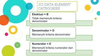 Eksklusi = B
Tidak memenuhi kriteria
denominator
Denominator = D
Memenuhi kriteria denominator
Numerator = E
Memenuhi kriteria numerator dan
denominator
JCI DATA ELEMENT
CATEGORIES
 
