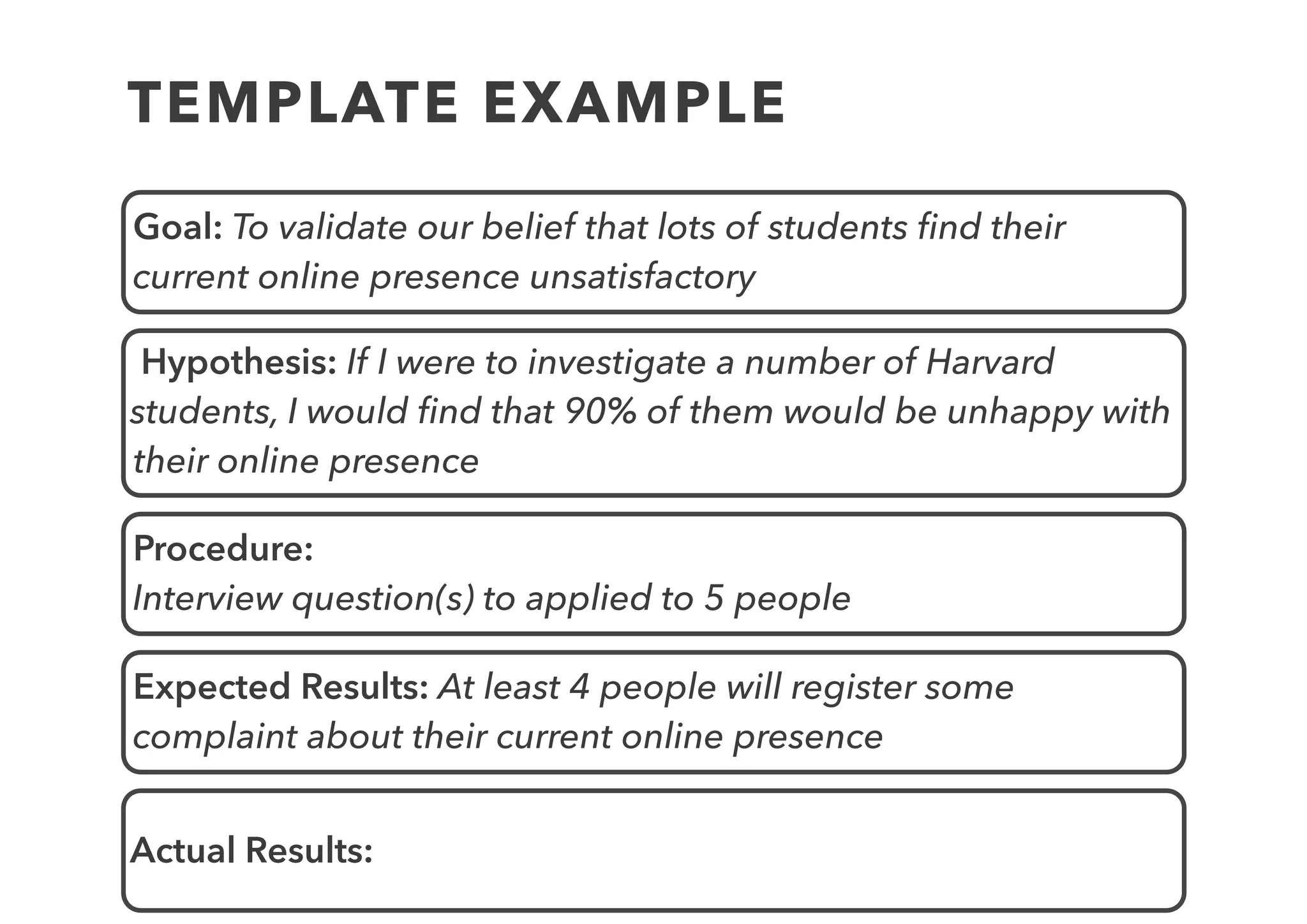 1. Create
Model
2. List
Assumptions
3. Generate
Hypothesis
4. Design
Experiment
6. Run
experiment
7. Analyse
Results
8. Decide
Next Steps
5.
Experiment
(interview)
Captured
Data
RUN
EXPERIMENT
 
