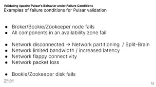 Validating Apache Pulsar’s Behavior under Failure Conditions
Examples of failure conditions for Pulsar validation
● Broker/Bookie/Zookeeper node fails
● All components in an availability zone fail
● Network disconnected -> Network partitioning / Split-Brain
● Network limited bandwidth / increased latency
● Network flappy connectivity
● Network packet loss
● Bookie/Zookeeper disk fails
13
 