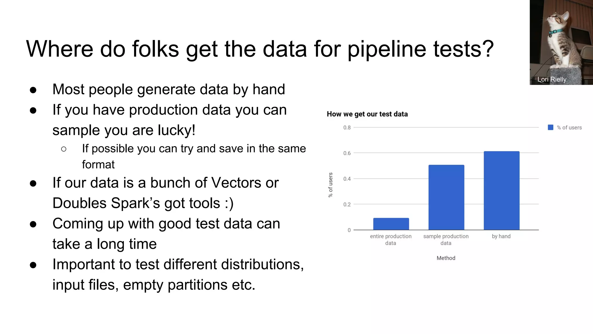 Where do folks get the data for pipeline tests?
● Most people generate data by hand
● If you have production data you can
sample you are lucky!
○ If possible you can try and save in the same
format
● If our data is a bunch of Vectors or
Doubles Spark’s got tools :)
● Coming up with good test data can
take a long time
● Important to test different distributions,
input files, empty partitions etc.
Lori Rielly
 