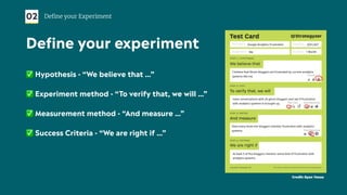 ✅ Hypothesis - “We believe that …”
✅ Experiment method - “To verify that, we will …”
✅ Measurement method - “And measure …”
✅ Success Criteria - “We are right if …”
02 Deﬁne your Experiment
Define your experiment
Credit: Ryan Yosua
 