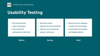 • Recruit participants
• Make a testing plan
• Set up and invite
participants to online tool
Before During
• Record the session
• Make the user feel comfortable
• Make sure you’re testing the
product, not the user
After
• Debrief with your colleagues
working in the same project
• Look through the recordings
and highlight patterns
03 Conduct your Experiment
Usability Testing
 