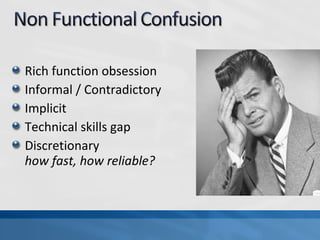 Rich function obsession
Informal / Contradictory
Implicit
Technical skills gap
Discretionary
how fast, how reliable?
 
