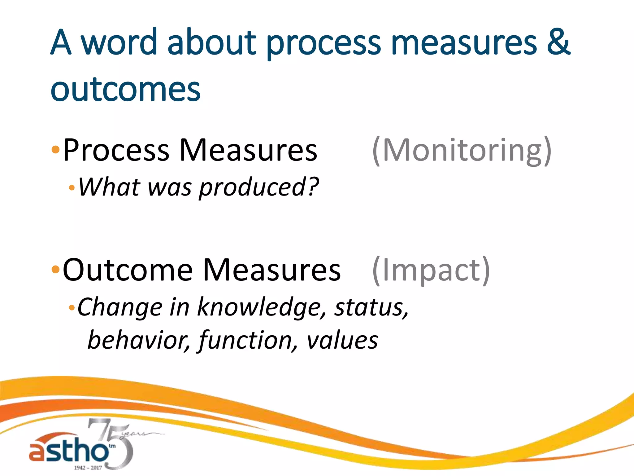 •Process Measures (Monitoring)
•What was produced?
•Outcome Measures (Impact)
•Change in knowledge, status,
behavior, function, values
A word about process measures &
outcomes
 
