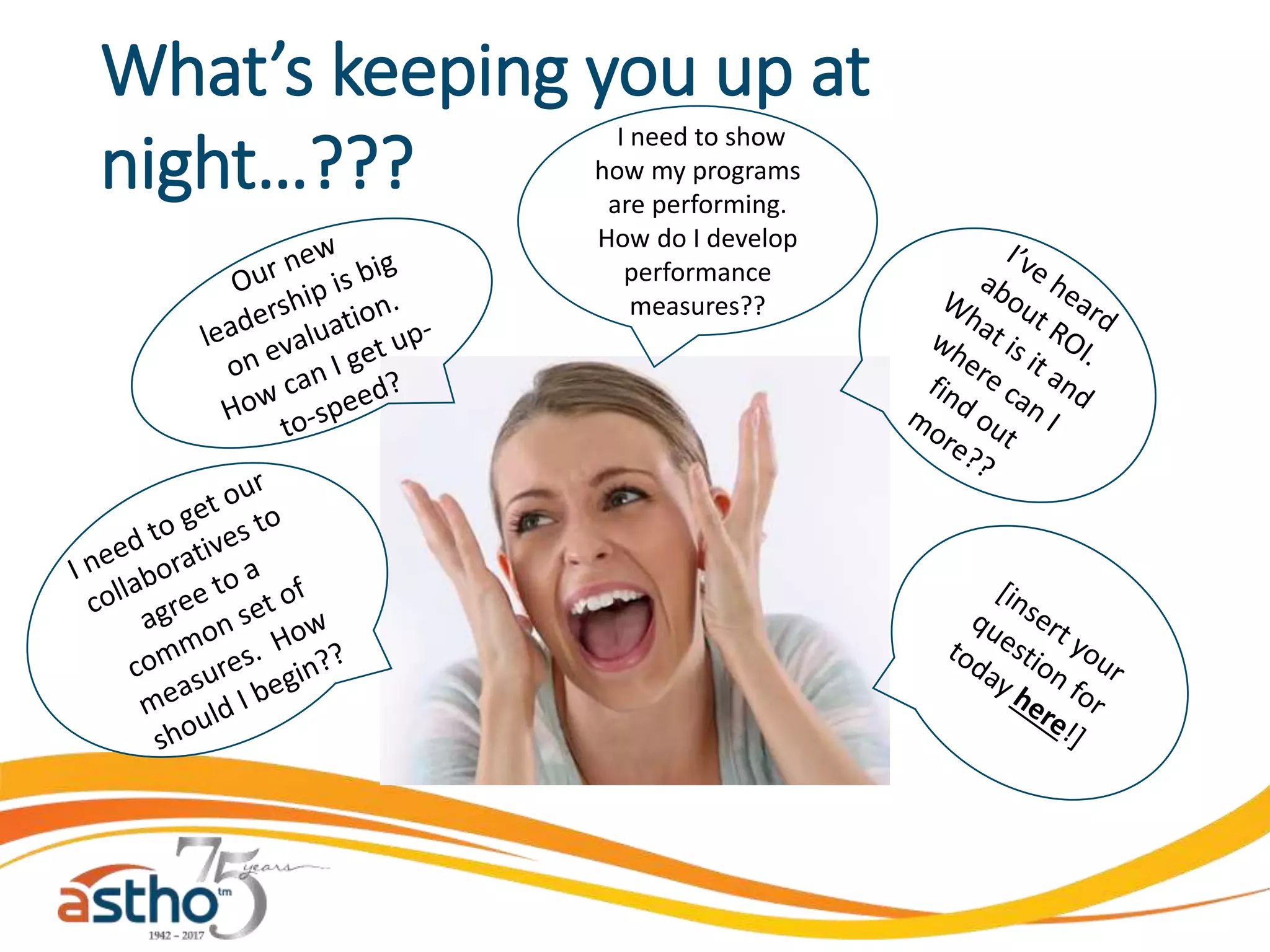 What’s keeping you up at
night…???
II need to show
how my programs
are performing.
How do I develop
performance
measures??
 