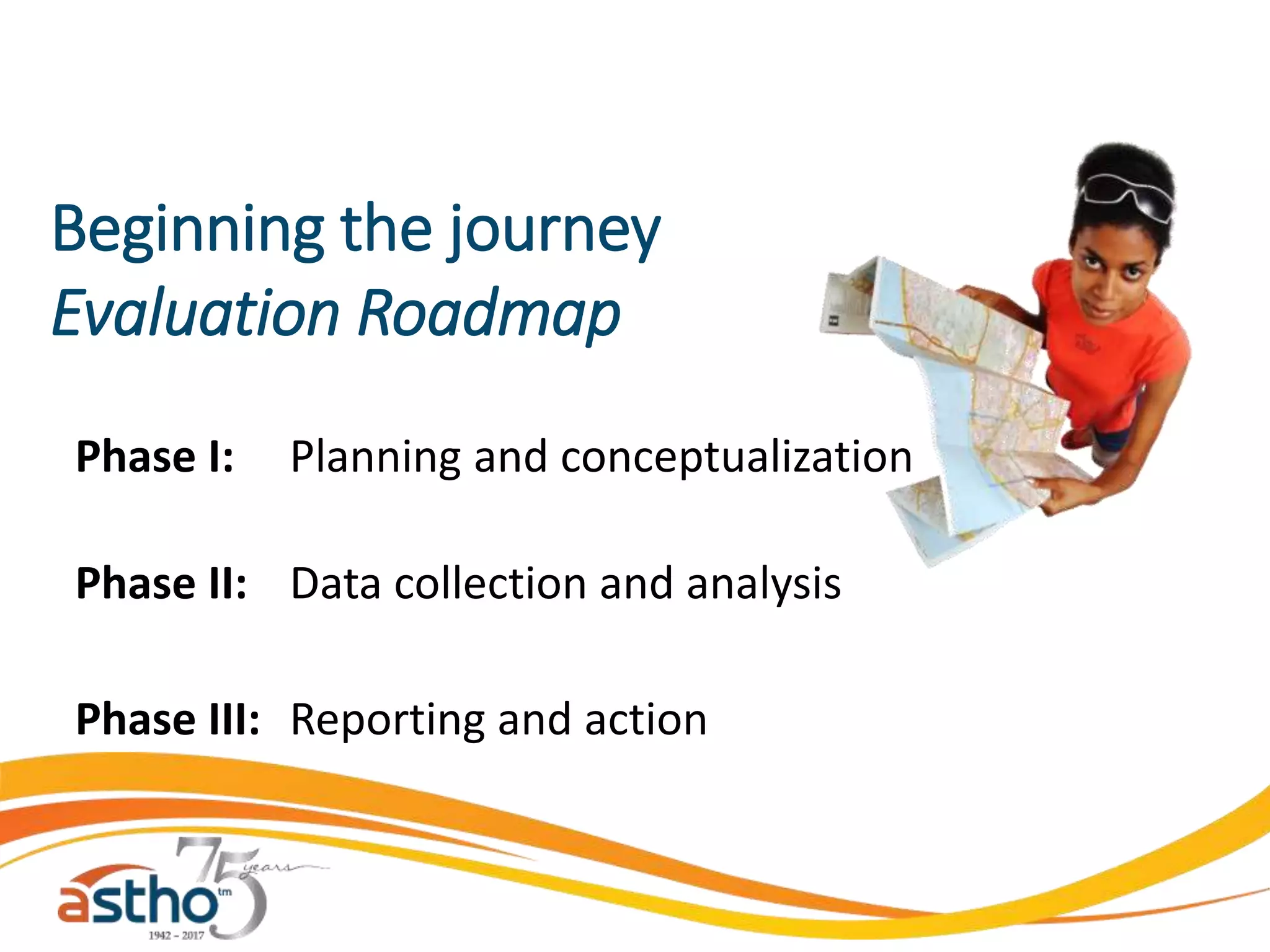 Beginning the journey
Evaluation Roadmap
Phase I: Planning and conceptualization
Phase II: Data collection and analysis
Phase III: Reporting and action
 