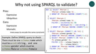 Why not using SPARQL to validate?
Pros:
Expressive
Ubiquitous
Cons
Expressive
Idiomatic
many ways to encode the same constraint
ASK {{ SELECT ?Person {
?Person schema:name ?o .
} GROUP BY ?Person HAVING (COUNT(*)=1)
}
{ SELECT ?Person {
?Person schema:name ?o .
FILTER ( isLiteral(?o) &&
datatype(?o) = xsd:string )
} GROUP BY ?Person HAVING (COUNT(*)=1)
}
{ SELECT ?Person (COUNT(*) AS ?c1) {
?Person schema:gender ?o .
} GROUP BY ?Person HAVING (COUNT(*)=1)}
{ SELECT ?Person (COUNT(*) AS ?c2) {
?S schema:gender ?o .
FILTER ((?o = schema:Female ||
?o = schema:Male))
} GROUP BY ?Person HAVING (COUNT(*)=1)}
FILTER (?c1 = ?c2)
}
Example: Define SPARQL query to check:
There must be one schema:name which
must be a xsd:string, and one
schema:gender which must be
schema:Male or schema:Female
 