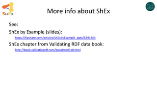 More info about ShEx
See:
ShEx by Example (slides):
https://figshare.com/articles/ShExByExample_pptx/6291464
ShEx chapter from Validating RDF data book:
http://book.validatingrdf.com/bookHtml010.html
 
