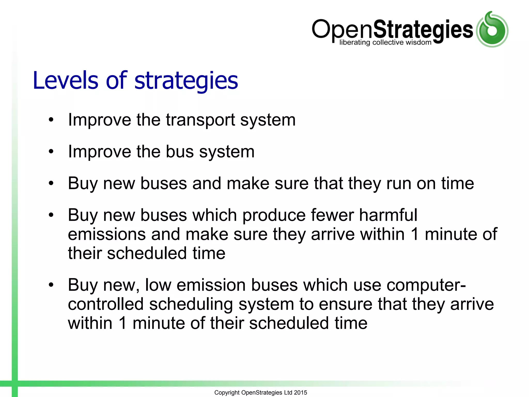 Copyright OpenStrategies Ltd 2015
Levels of strategies
• Improve the transport system
• Improve the bus system
• Buy new buses and make sure that they run on time
• Buy new buses which produce fewer harmful
emissions and make sure they arrive within 1 minute of
their scheduled time
• Buy new, low emission buses which use computer-
controlled scheduling system to ensure that they arrive
within 1 minute of their scheduled time
 