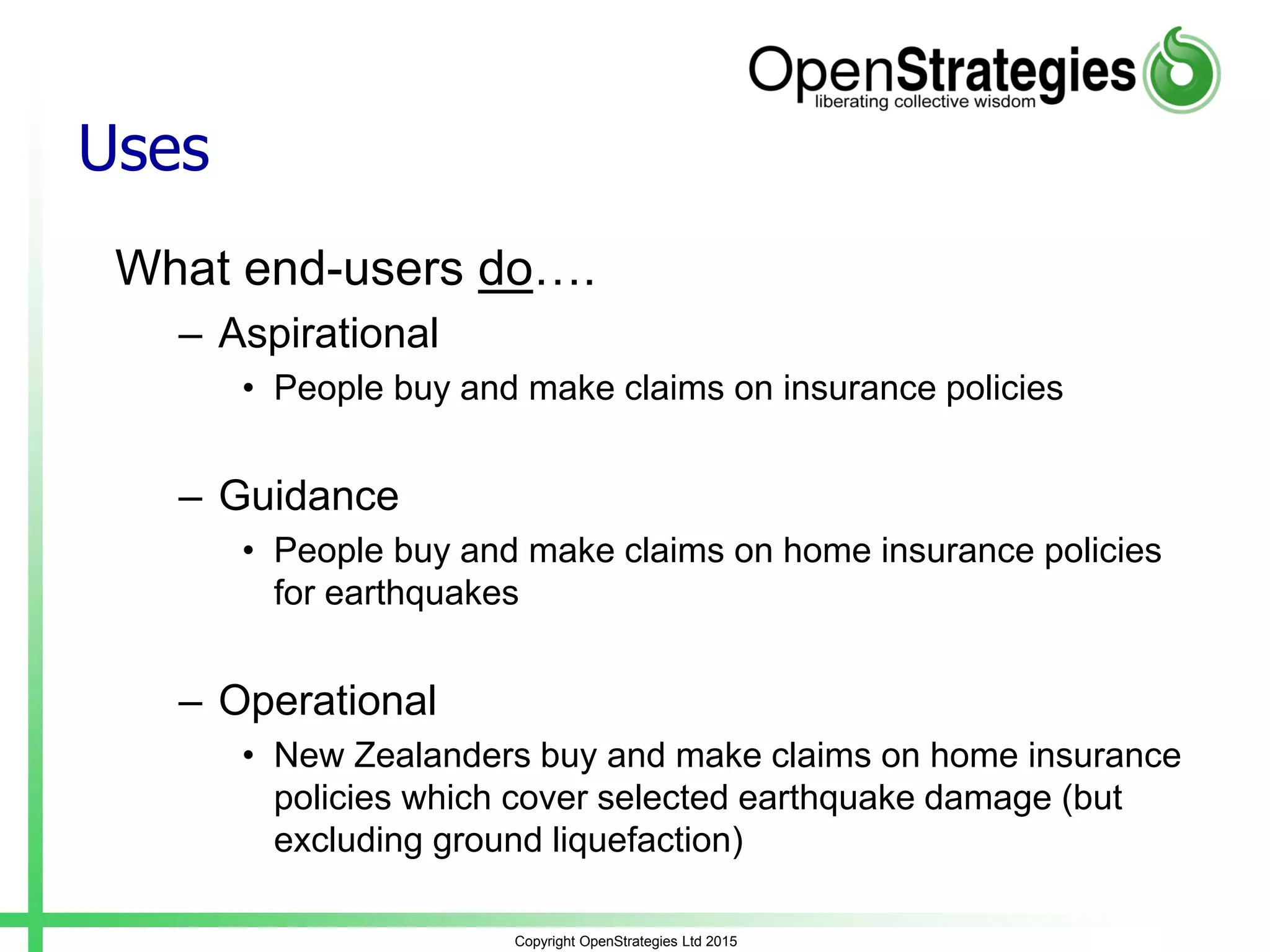 Uses
What end-users do….
– Aspirational
• People buy and make claims on insurance policies
– Guidance
• People buy and make claims on home insurance policies
for earthquakes
– Operational
• New Zealanders buy and make claims on home insurance
policies which cover selected earthquake damage (but
excluding ground liquefaction)
Copyright OpenStrategies Ltd 2015
 