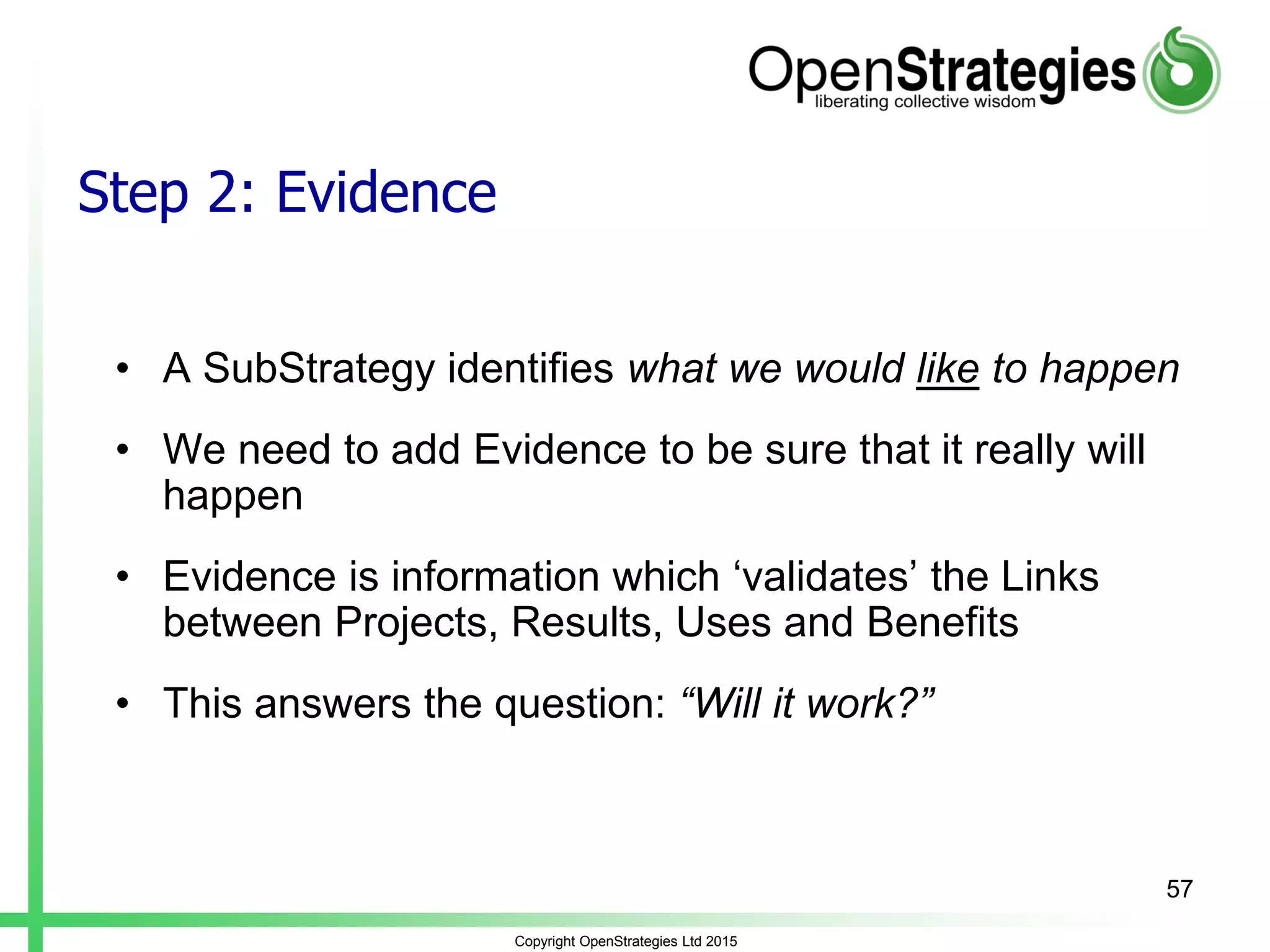 Copyright OpenStrategies Ltd 2015
Step 2: Evidence
• A SubStrategy identifies what we would like to happen
• We need to add Evidence to be sure that it really will
happen
• Evidence is information which ‘validates’ the Links
between Projects, Results, Uses and Benefits
• This answers the question: “Will it work?”
57
 