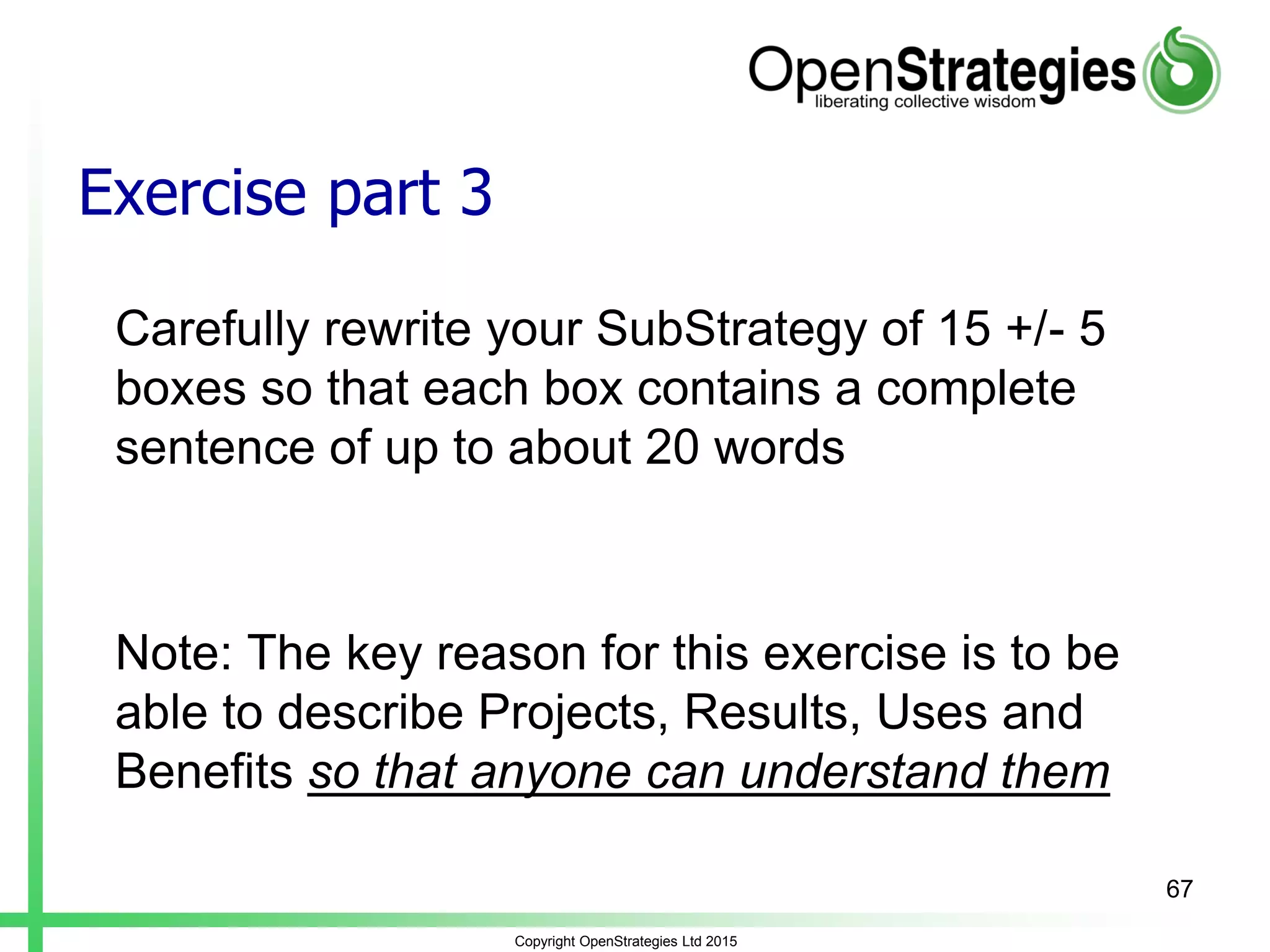 Exercise part 3
Carefully rewrite your SubStrategy of 15 +/- 5
boxes so that each box contains a complete
sentence of up to about 20 words
Note: The key reason for this exercise is to be
able to describe Projects, Results, Uses and
Benefits so that anyone can understand them
Copyright OpenStrategies Ltd 2015
67
 