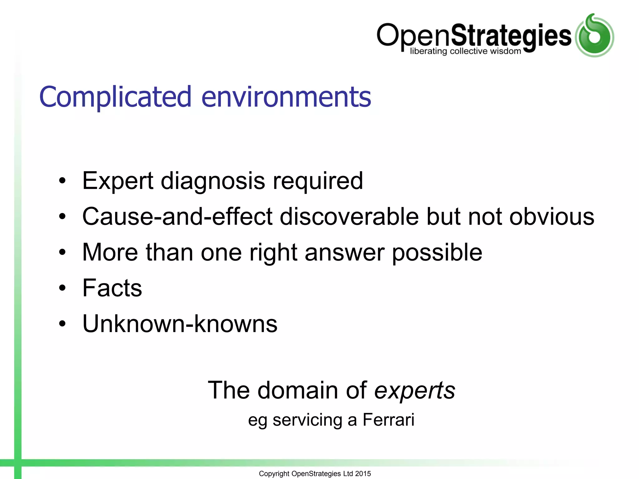 Copyright OpenStrategies Ltd 2015
Complicated environments
• Expert diagnosis required
• Cause-and-effect discoverable but not obvious
• More than one right answer possible
• Facts
• Unknown-knowns
The domain of experts
eg servicing a Ferrari
 