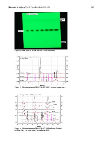 Hasumati A. Raj et al /Int.J. ChemTech Res.2009,1(3)                      685




       Figure: 4: TLC plate of ROSU method (After detection)




       Figure 5: Chromatograms of ROSU in 0.5 N HCl at room temperature




       Figure 6: Chromatograms of ROSU in 1 N HCl at 0 min, 30 min,1
       hr, 2 hr, 3 hr, 4 hr and after 5 hrs reflux at 80°C
 