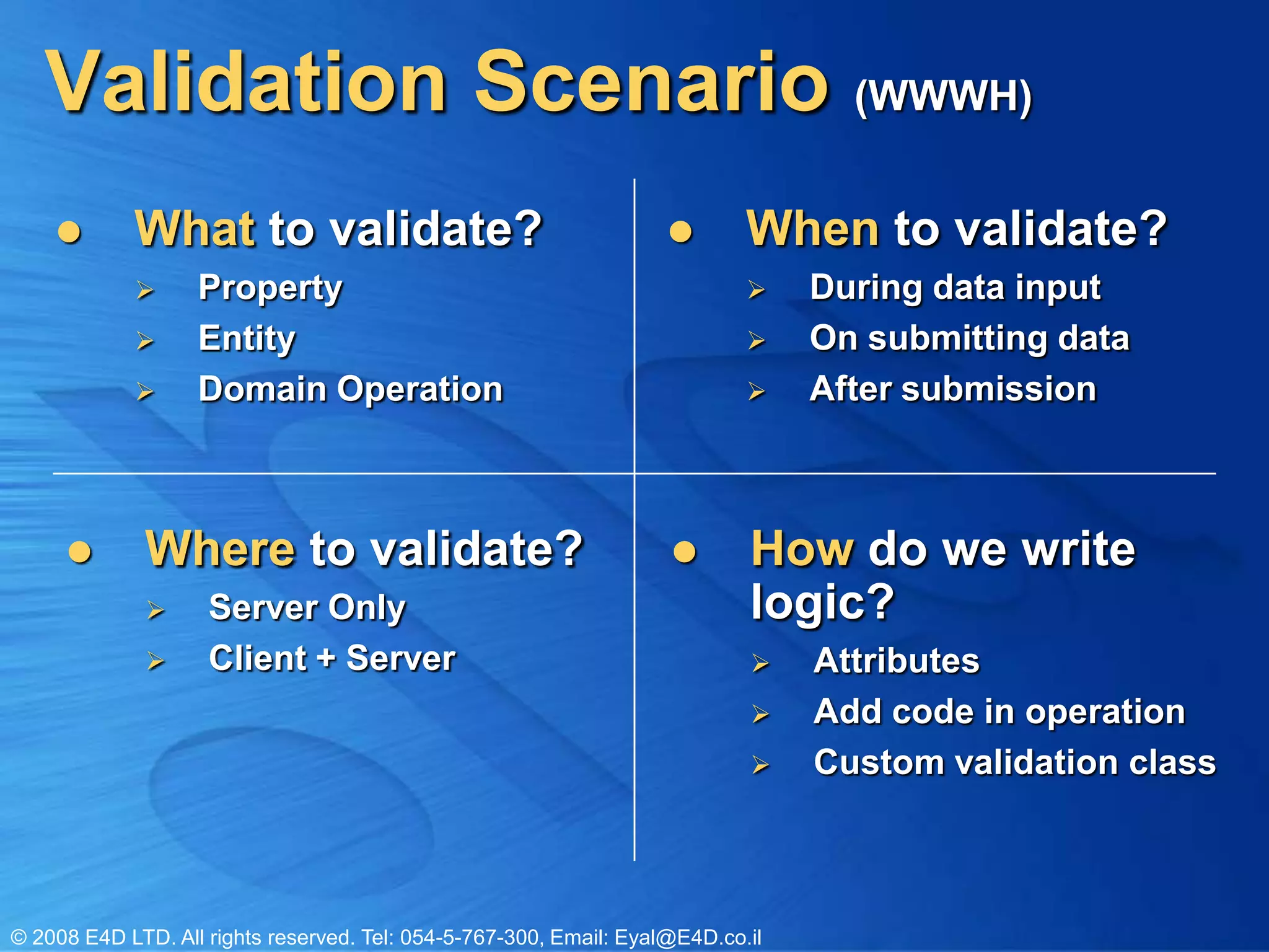 Validation Scenario (WWWH)When to validate?During data inputOn submitting dataAfter submissionWhat to validate?PropertyEntityDomain OperationWhere to validate?Server OnlyClient + ServerHow do we write logic?AttributesAdd code in operationCustom validation class