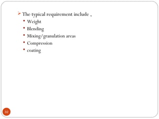 32
 The typical requirement include ,
 Weight
 Blending
 Mixing/granulation areas
 Compression
 coating
 