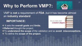 21
 It sets the overall goals and limits.
Referred thought the project.
To understand the scope of the validation and so avoid misconceptions.
 To define the scope of the project.
Why to Perform VMP?:
VMP is not a requirement of FDA ,but it has become almost
an industry standard
IMPORTANCE:
 