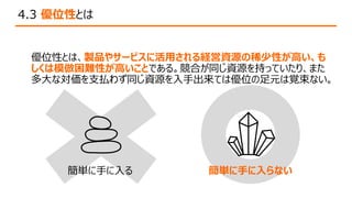 4.3 優位性とは
優位性とは、製品やサービスに活用される経営資源の稀少性が高い、も
しくは模倣困難性が高いことである。競合が同じ資源を持っていたり、また
多大な対価を支払わず同じ資源を入手出来ては優位の足元は覚束ない。
簡単に手に入る 簡単に手に入らない
 