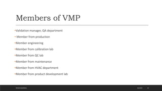 Members of VMP
•Validation manager, QA department
• Member from production
•Member engineering
•Member from calibration lab
•Member from QC lab
•Member from maintenance
•Member from HVAC department
•Member from product development lab
4/6/2022
MEHAK AGGARWAL 10
 
