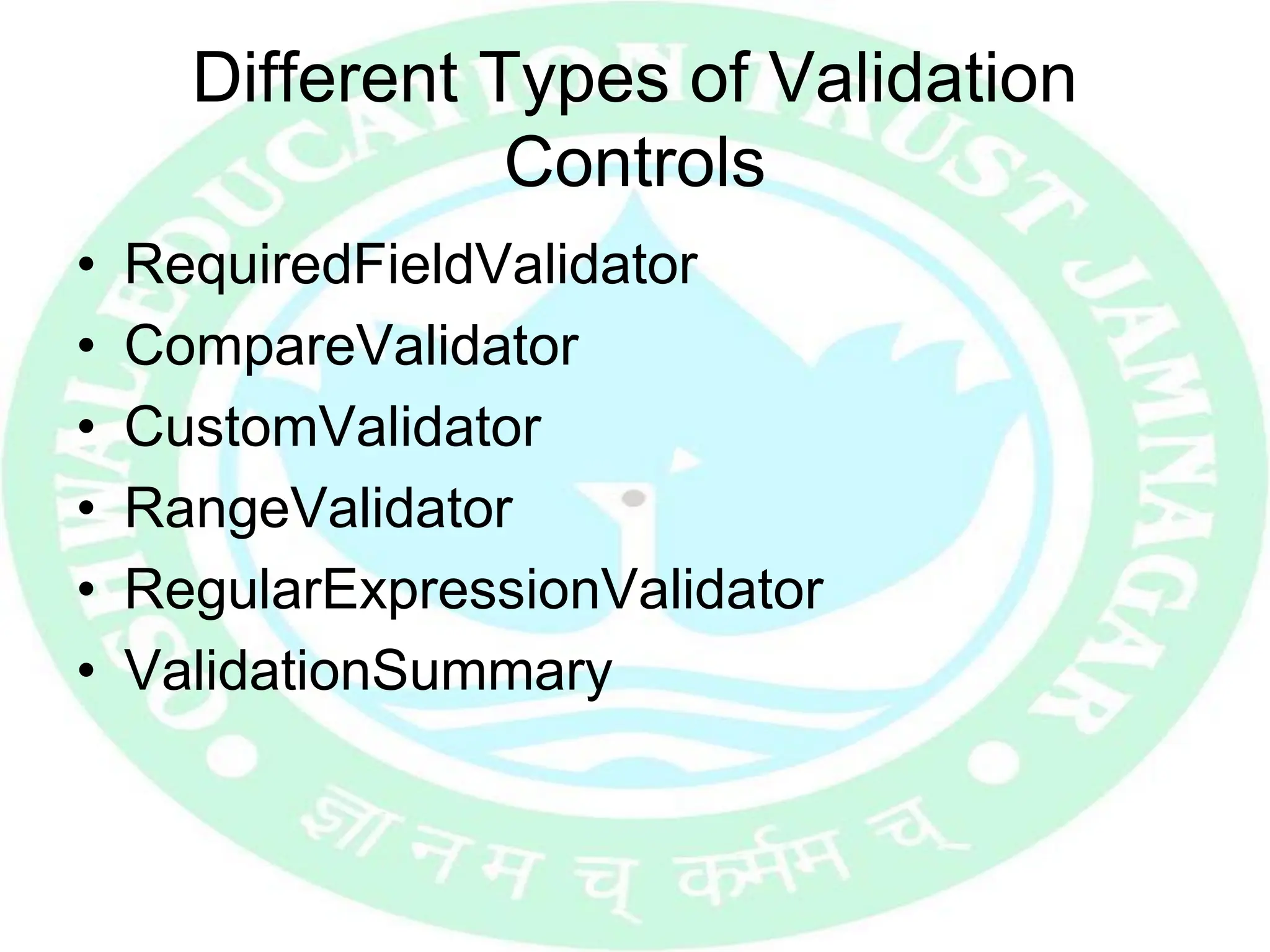 Different Types of Validation
Controls
• RequiredFieldValidator
• CompareValidator
• CustomValidator
• RangeValidator
• RegularExpressionValidator
• ValidationSummary
 