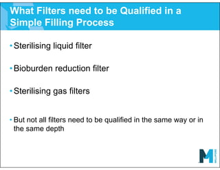 What Filters need to be Qualified in a
Simple Filling Process
•Sterilising liquid filter
•Bioburden reduction filter
•Sterilising gas filters
• But not all filters need to be qualified in the same way or in
the same depth
 