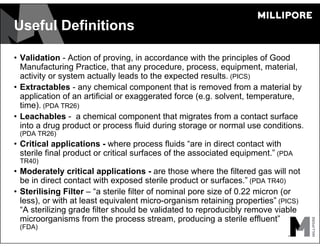 Useful Definitions
• Validation - Action of proving, in accordance with the principles of Good
Manufacturing Practice, that any procedure, process, equipment, material,
activity or system actually leads to the expected results. (PICS)
• Extractables - any chemical component that is removed from a material by
application of an artificial or exaggerated force (e.g. solvent, temperature,
time). (PDA TR26)
• Leachables - a chemical component that migrates from a contact surface
into a drug product or process fluid during storage or normal use conditions.
(PDA TR26)
• Critical applications - where process fluids “are in direct contact with
sterile final product or critical surfaces of the associated equipment.” (PDA
TR40)
• Moderately critical applications - are those where the filtered gas will not
be in direct contact with exposed sterile product or surfaces.” (PDA TR40)
• Sterilising Filter – “a sterile filter of nominal pore size of 0.22 micron (or
less), or with at least equivalent micro-organism retaining properties” (PICS)
“A sterilizing grade filter should be validated to reproducibly remove viable
microorganisms from the process stream, producing a sterile effluent”
(FDA)
 