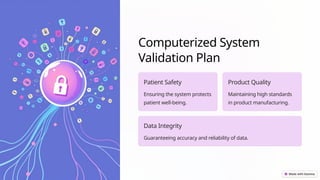 Computerized System
Validation Plan
Patient Safety
Ensuring the system protects
patient well-being.
Product Quality
Maintaining high standards
in product manufacturing.
Data Integrity
Guaranteeing accuracy and reliability of data.
 
