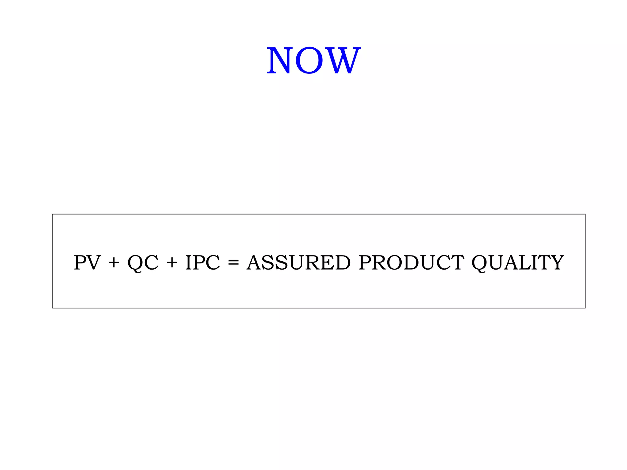 NOW PV + QC + IPC = ASSURED PRODUCT QUALITY 