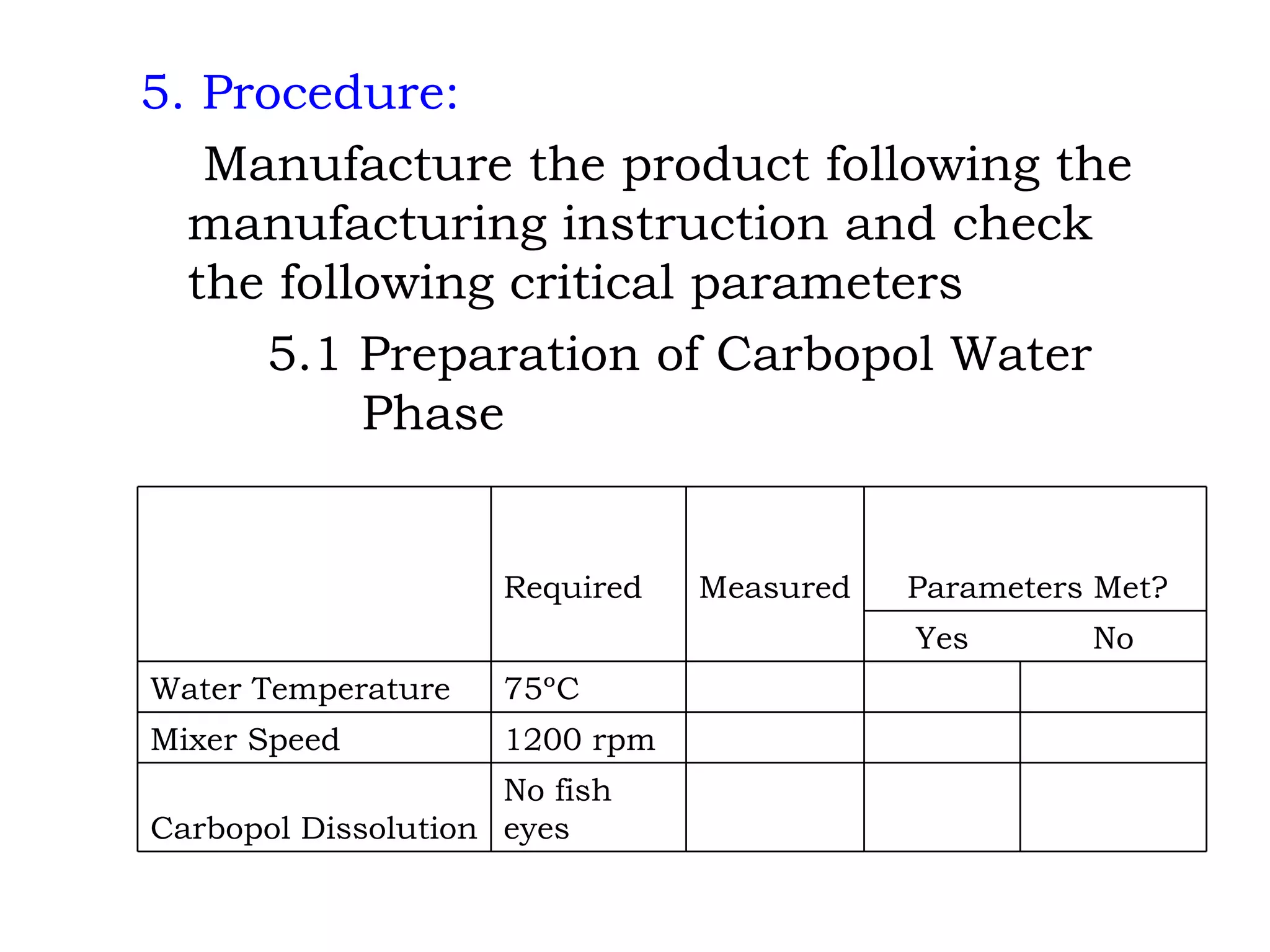 5. Procedure:   Manufacture the product following the manufacturing instruction and check the following critical parameters 5.1 Preparation of Carbopol Water    Phase       No fish eyes Carbopol Dissolution       1200 rpm Mixer Speed       75ºC Water Temperature No Yes       Parameters Met? Measured Required   