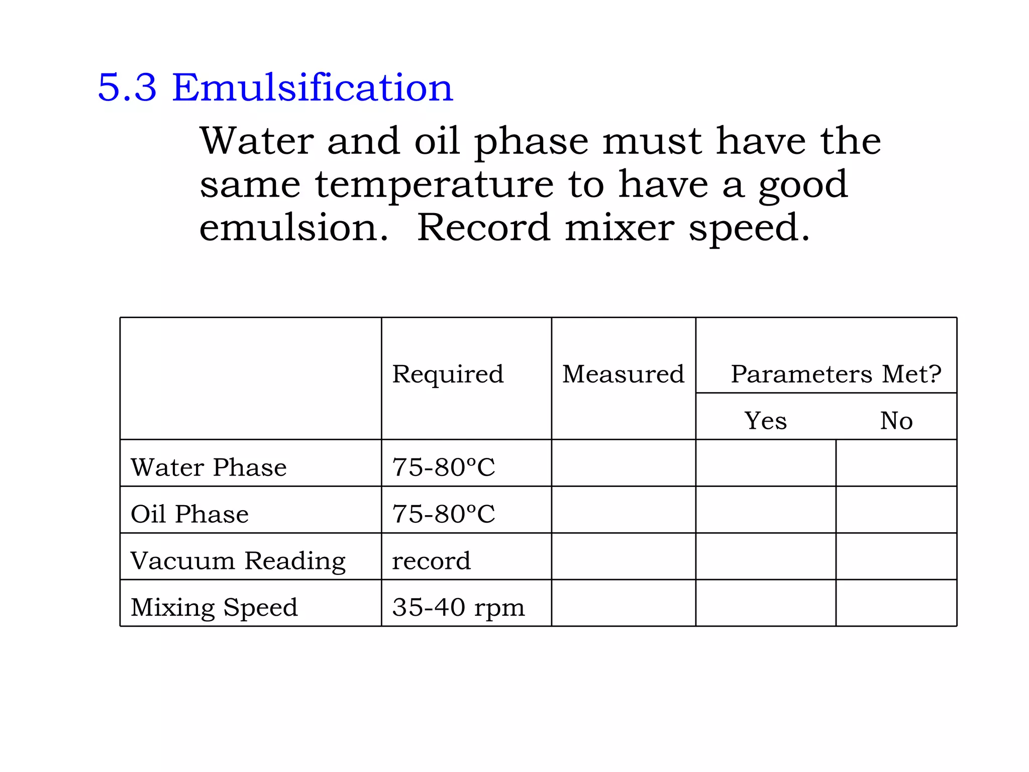 5.3 Emulsification Water and oil phase must have the  same temperature to have a good  emulsion.  Record mixer speed.       35-40 rpm Mixing Speed       record Vacuum Reading       75-80ºC Oil Phase       75-80ºC Water Phase No Yes       Parameters Met? Measured Required   