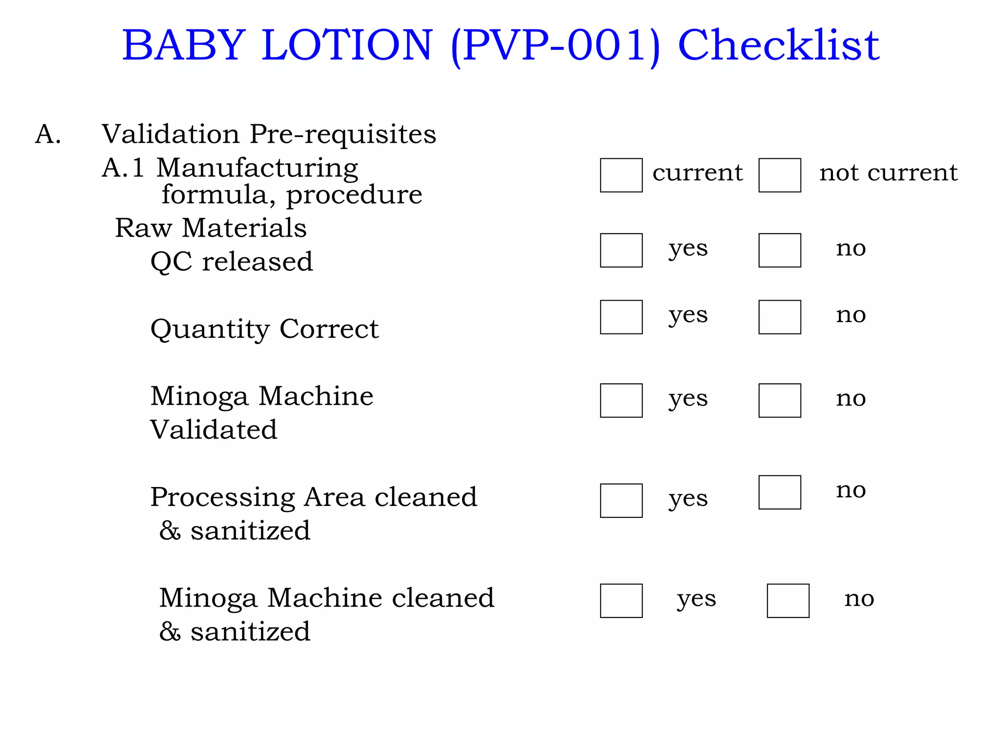 BABY LOTION (PVP-001) Checklist Validation Pre-requisites A.1 Manufacturing      formula, procedure Raw Materials QC released Quantity Correct Minoga Machine  Validated Processing Area cleaned & sanitized Minoga Machine cleaned & sanitized current not current yes no yes yes yes yes no no no no 