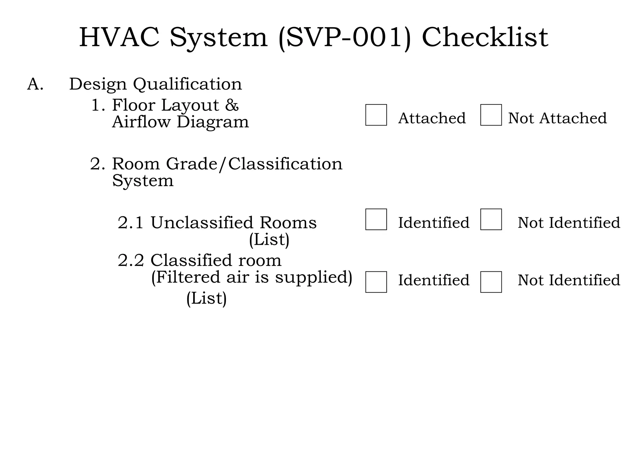 HVAC System (SVP-001) Checklist Design Qualification 1. Floor Layout &      Airflow Diagram 2. Room Grade/Classification    System   2.1 Unclassified Rooms      (List)   2.2 Classified room    (Filtered air is supplied)    (List) Attached Not Attached Identified Not Identified Identified Not Identified 