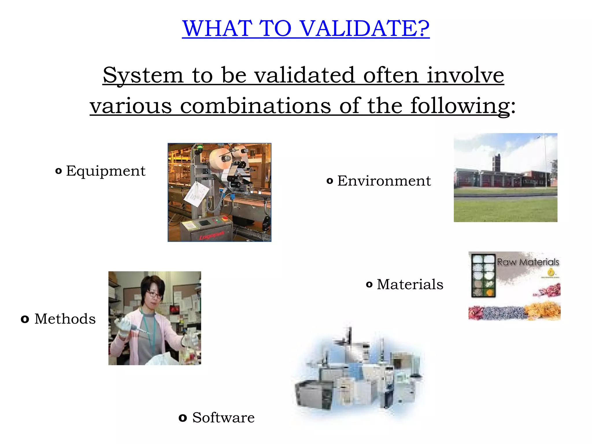 System to be validated often involve various combinations of the following : WHAT TO VALIDATE? Equipment Environment Methods Materials Software 